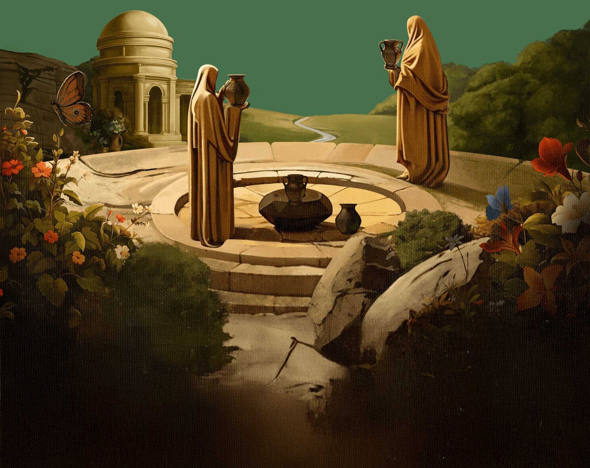 Figures drawing water at the well, with a domed temple beyond