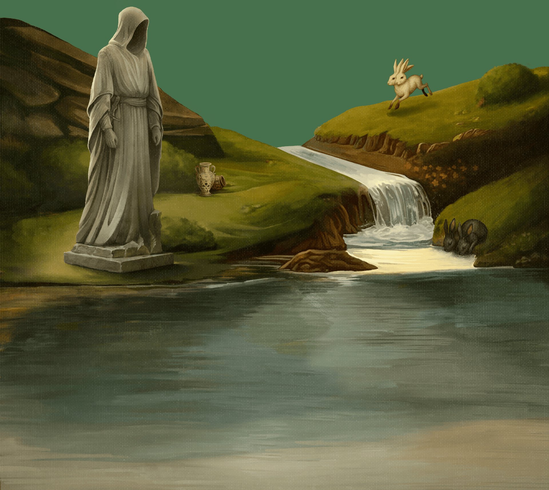 A veiled statue beside the waters, in the classical manner